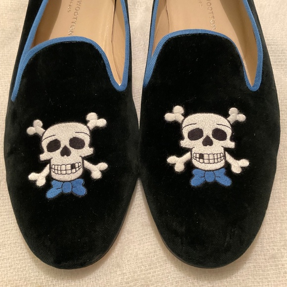 Stubbs & Wootton Skull Blue Bow Tie Black Velvet Loafer Slipper Mens Shoes Sz 13 - Picture 2 of 12
